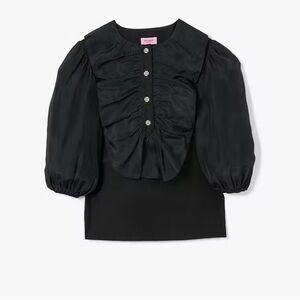 Kate Spade Ruffle Tuxedo Top Black Sheer Puff Sleeve Blouse, SZ M